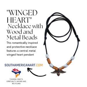 "Winged Heart" Necklace with Wood and Metal Beads